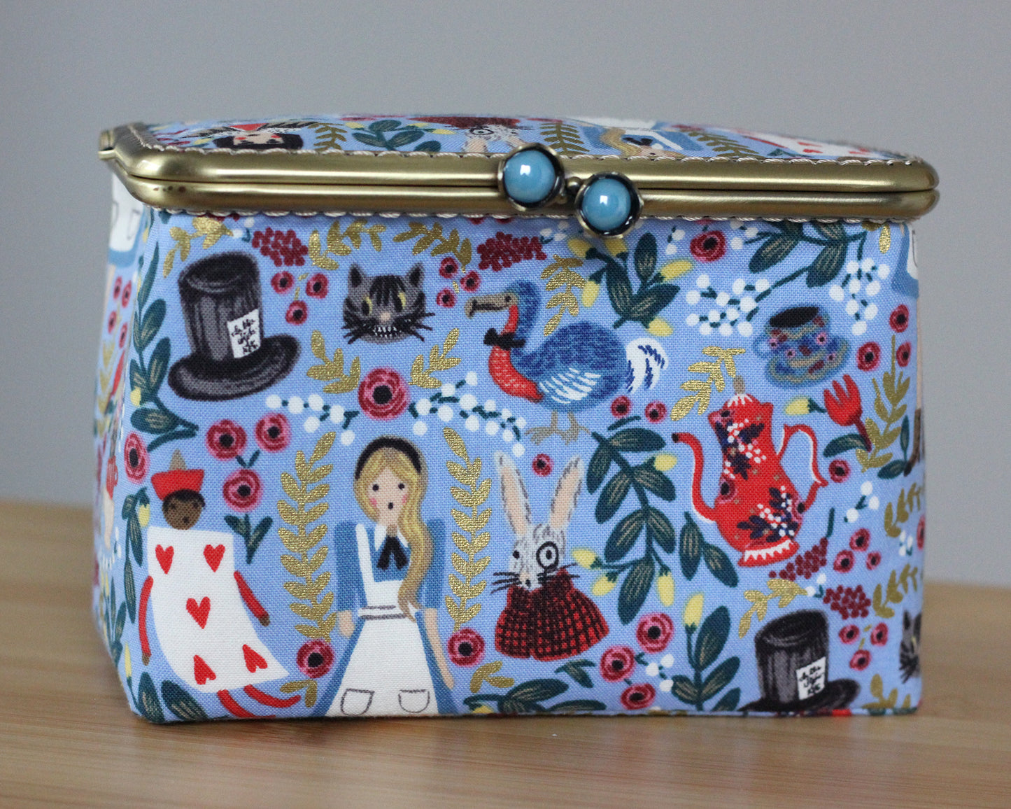 Light Blue Alice in Wonderland Embroidery Sewing Organizer Box - Handmade Cross Stitch Storage Case