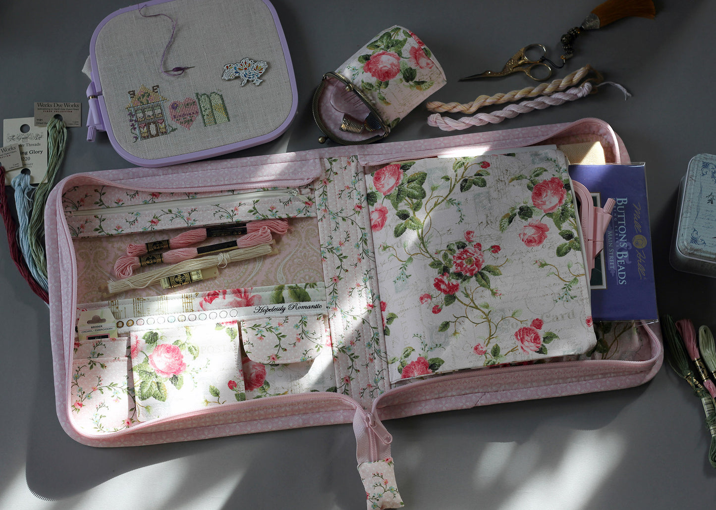 Cross Stitch Project Bag, Zippered Needlework Organizer for Q-Snap 8 inches and Hoops, Handmade Craft Travel Case with Multiple Pockets