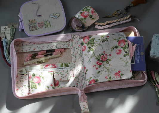 Cross Stitch Project Bag, Zippered Needlework Organizer for Q-Snap 8 inches and Hoops, Handmade Craft Travel Case with Multiple Pockets