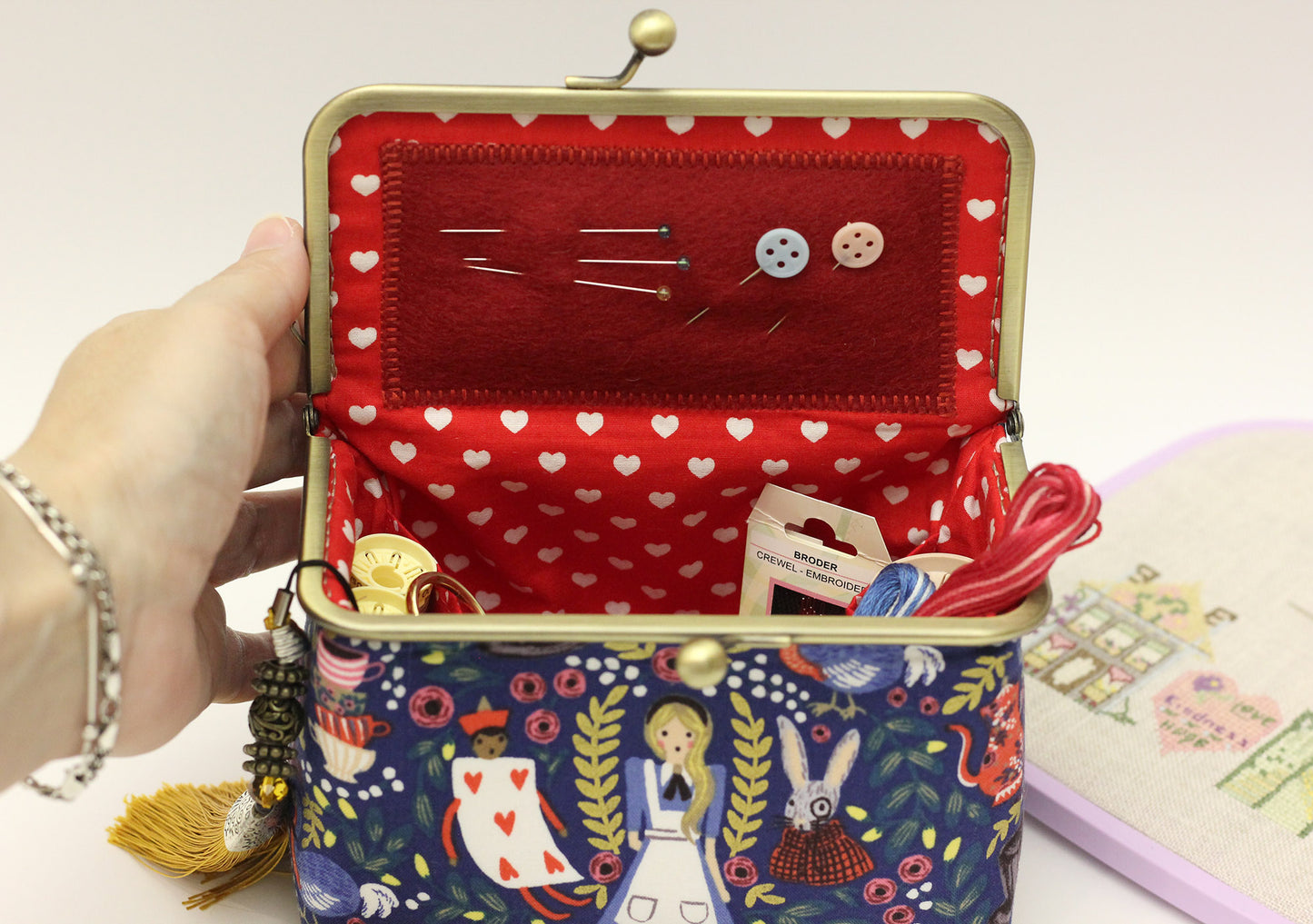 Alice in Wonderland Embroidery Sewing Organizer Box - Handmade Cross Stitch Storage Case
