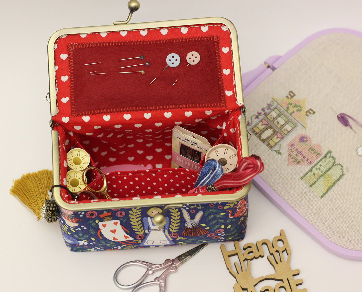 Alice in Wonderland Embroidery Sewing Organizer Box - Handmade Cross Stitch Storage Case