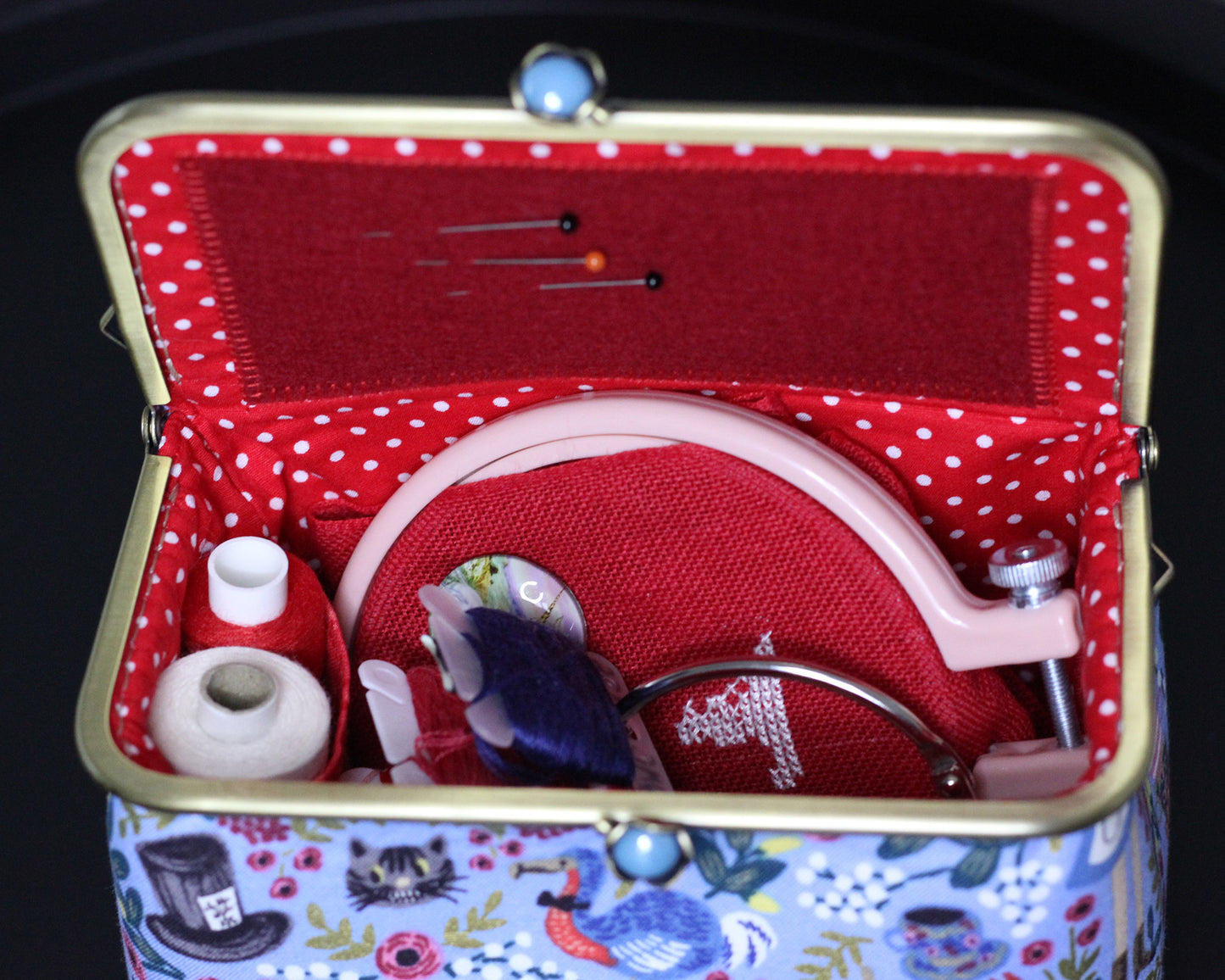 Light Blue Alice in Wonderland Embroidery Sewing Organizer Box - Handmade Cross Stitch Storage Case