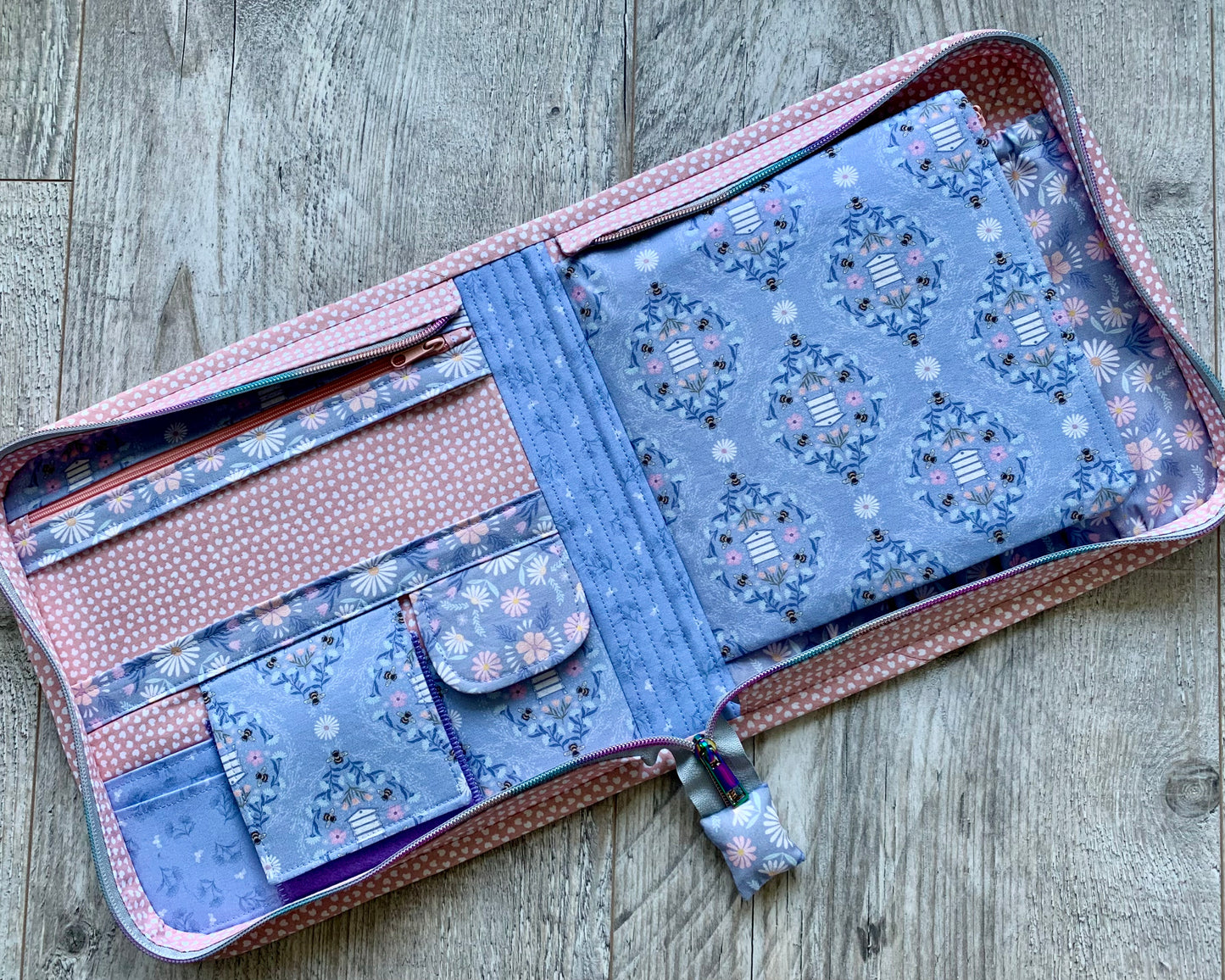 Cross Stitch Project Bag, Zippered Needlework Organizer for Q-Snap 8 inches and Hoops, Handmade Craft Travel Case with Multiple Pockets