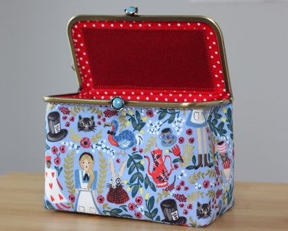 Light Blue Alice in Wonderland Embroidery Sewing Organizer Box - Handmade Cross Stitch Storage Case