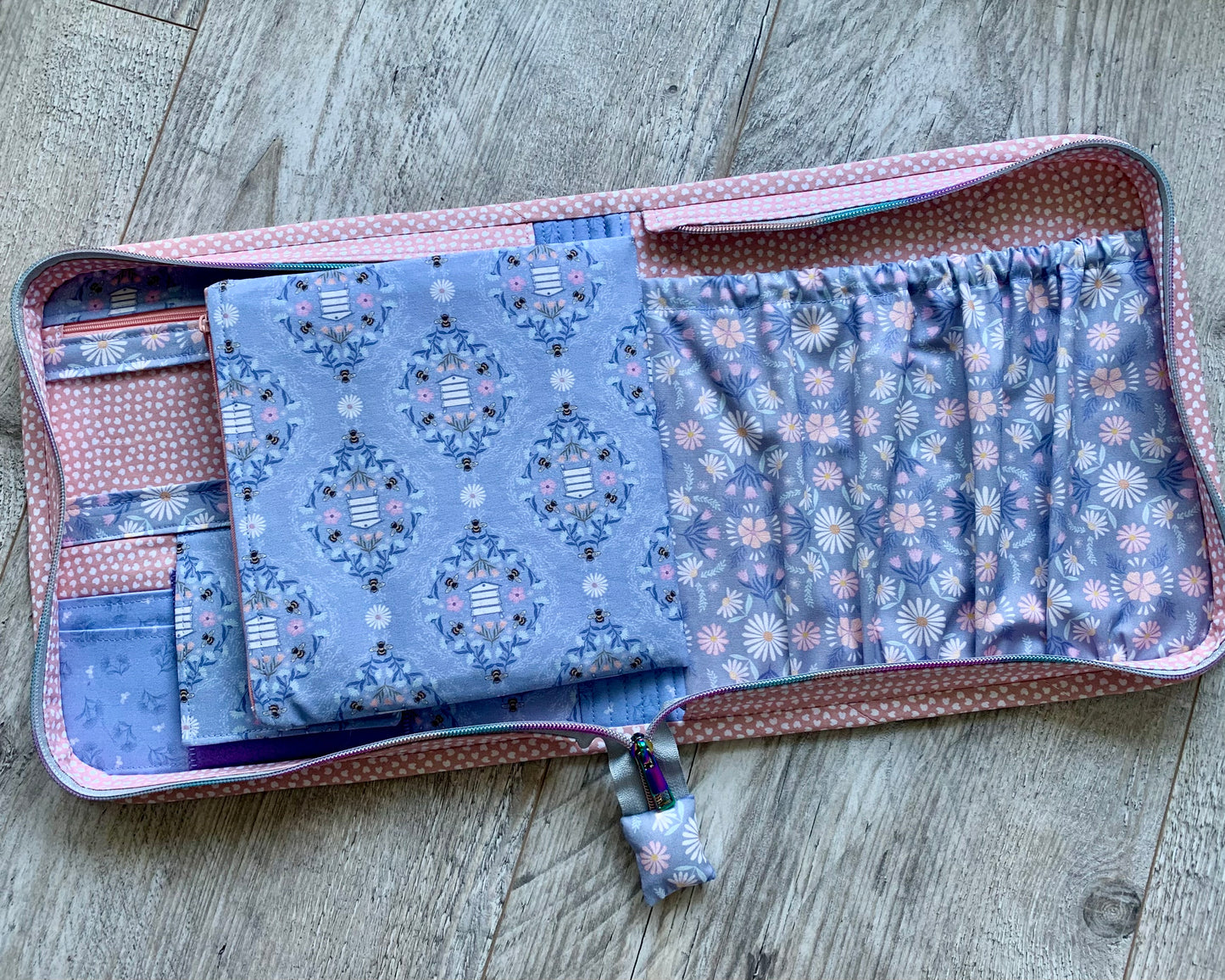 Cross Stitch Project Bag, Zippered Needlework Organizer for Q-Snap 8 inches and Hoops, Handmade Craft Travel Case with Multiple Pockets