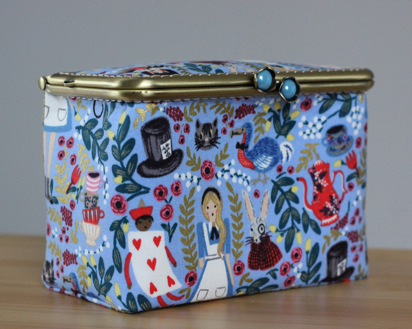 Light Blue Alice in Wonderland Embroidery Sewing Organizer Box - Handmade Cross Stitch Storage Case