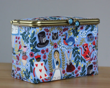 Light Blue Alice in Wonderland Embroidery Sewing Organizer Box - Handmade Cross Stitch Storage Case