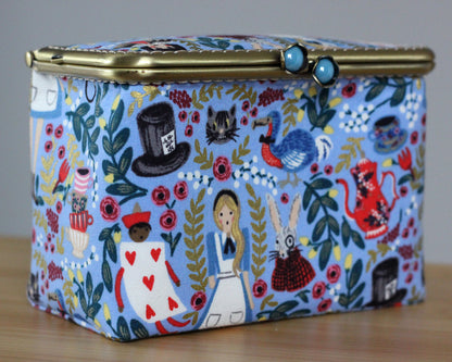 Light Blue Alice in Wonderland Embroidery Sewing Organizer Box - Handmade Cross Stitch Storage Case