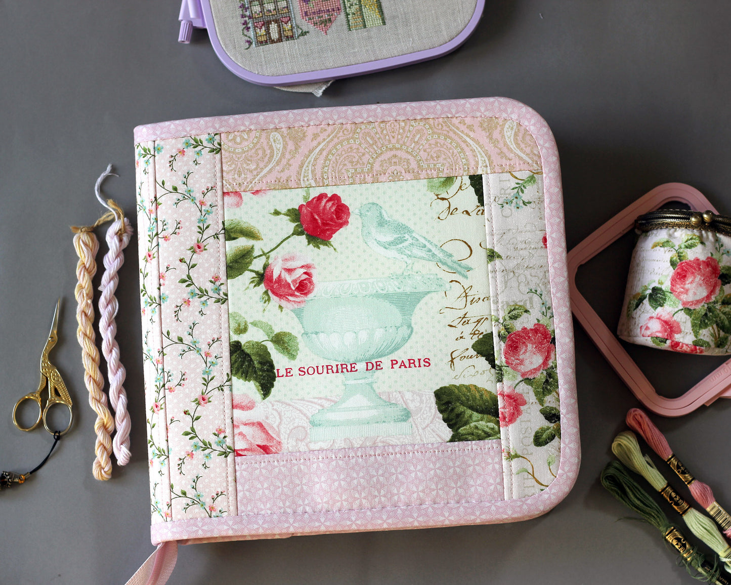 Cross Stitch Project Bag, Zippered Needlework Organizer for Q-Snap 8 inches and Hoops, Handmade Craft Travel Case with Multiple Pockets