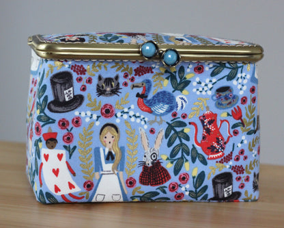 Light Blue Alice in Wonderland Embroidery Sewing Organizer Box - Handmade Cross Stitch Storage Case