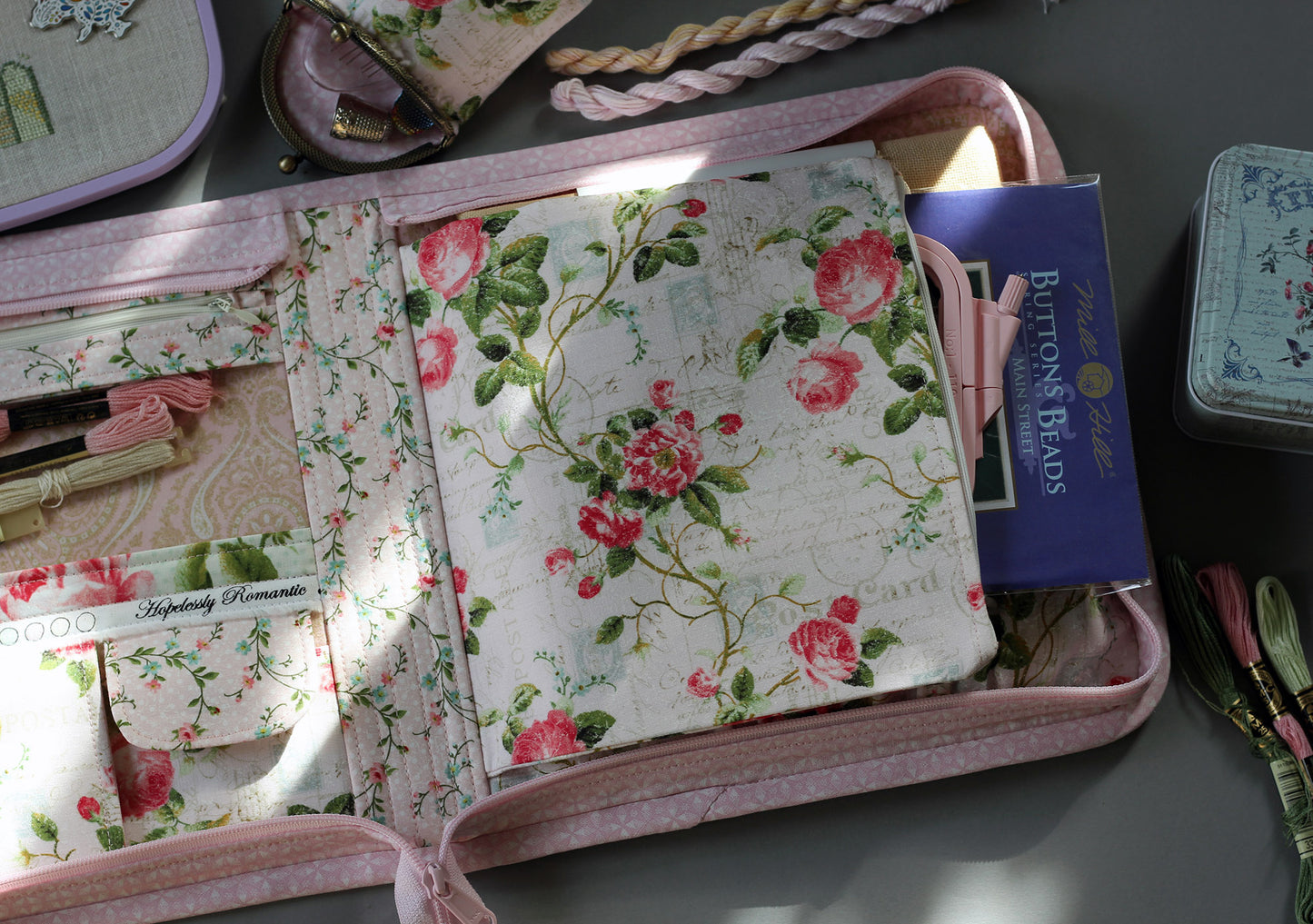 Cross Stitch Project Bag, Zippered Needlework Organizer for Q-Snap 8 inches and Hoops, Handmade Craft Travel Case with Multiple Pockets