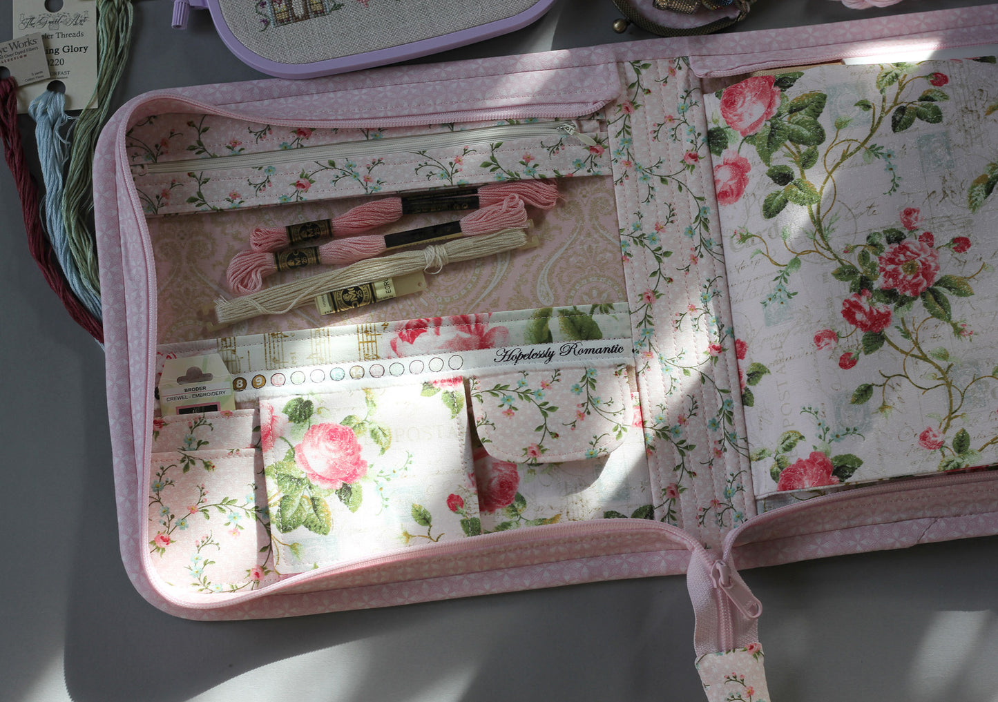 Cross Stitch Project Bag, Zippered Needlework Organizer for Q-Snap 8 inches and Hoops, Handmade Craft Travel Case with Multiple Pockets