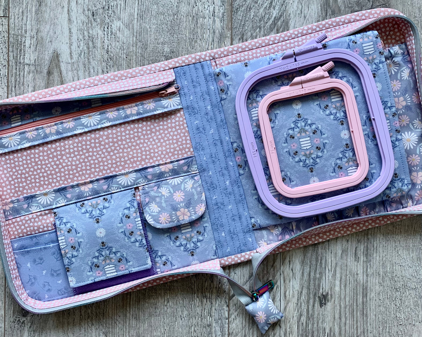 Cross Stitch Project Bag, Zippered Needlework Organizer for Q-Snap 8 inches and Hoops, Handmade Craft Travel Case with Multiple Pockets