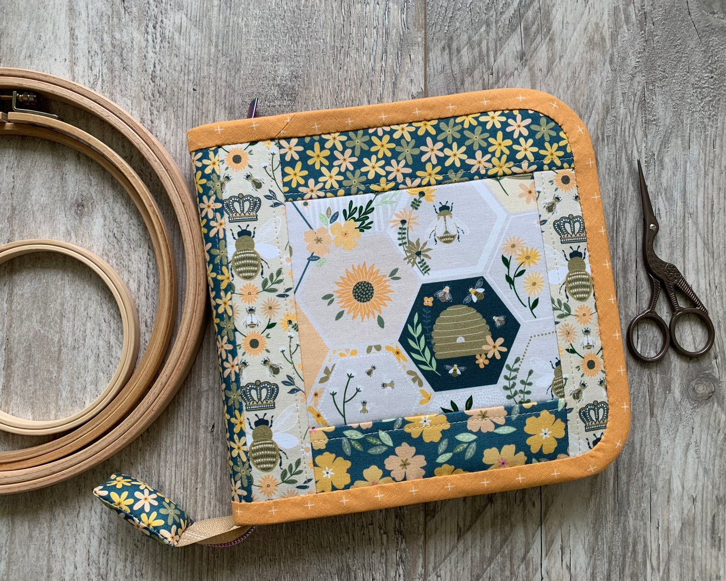 Cross Stitch Project Bag, Zippered Needlework Organizer for Q-Snap 8 inches and Hoops, Handmade Craft Travel Case with Multiple Pockets