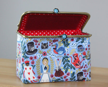 Light Blue Alice in Wonderland Embroidery Sewing Organizer Box - Handmade Cross Stitch Storage Case