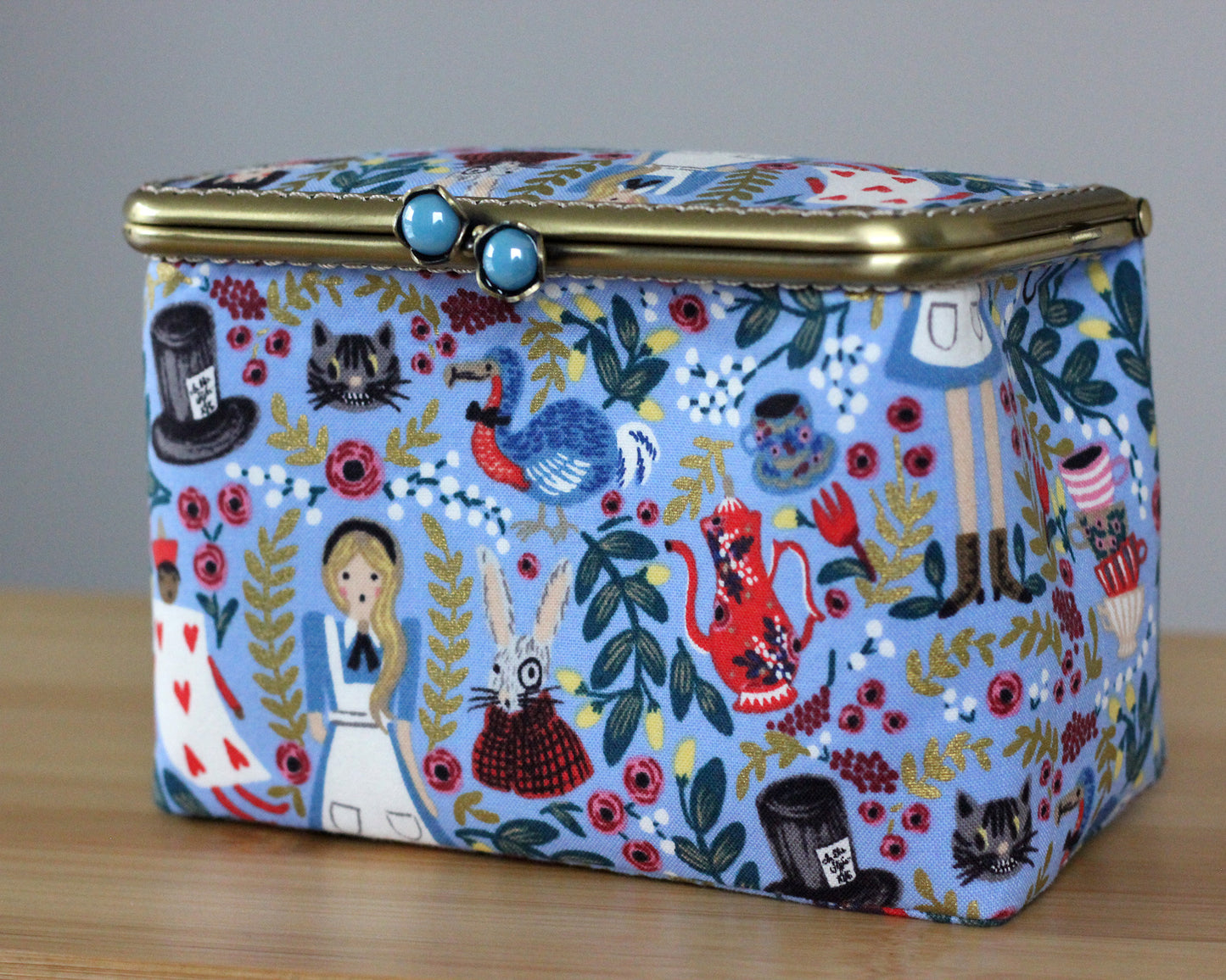 Light Blue Alice in Wonderland Embroidery Sewing Organizer Box - Handmade Cross Stitch Storage Case