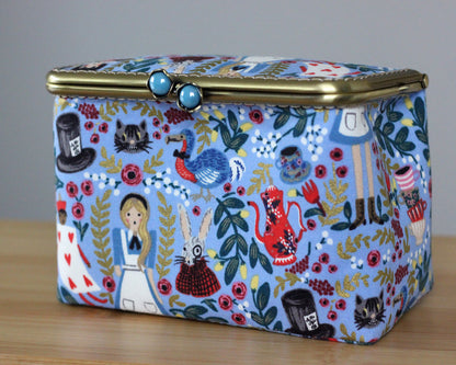 Light Blue Alice in Wonderland Embroidery Sewing Organizer Box - Handmade Cross Stitch Storage Case