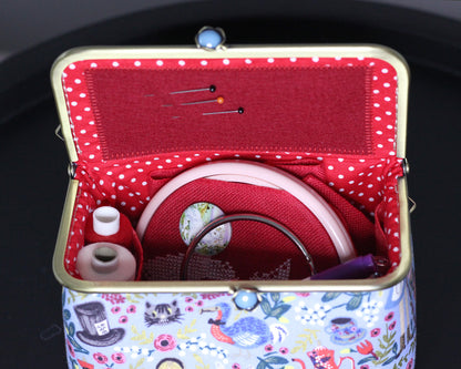 Light Blue Alice in Wonderland Embroidery Sewing Organizer Box - Handmade Cross Stitch Storage Case